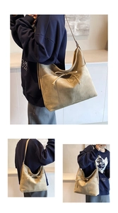 Detail of khaki frosted suede tote bag featuring front bow accent and large capacity