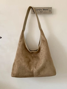 Large capacity suede leather tote bag in dark khaki with minimalist shoulder strap design