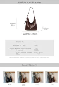 Detailed size specifications and color variants for the large soft leather tote bag