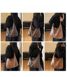 Detailed views of a dark brown vintage large capacity tote bag with adjustable shoulder strap