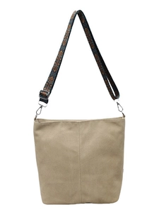 Retro canvas bucket bag with ethnic print strap and silver hardware for women