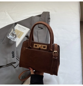 Detailed view of dark brown suede tote bag with gold rectangular clasp and buckle accents