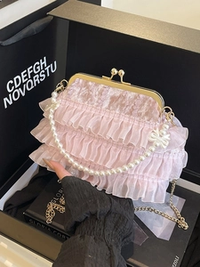 Élégant Sac de Soirée à Volants en Dentelle pour Femmes avec Poignée en Künstliche Perles Fermoir Rétro Bandoulière en Chaîne de Métal Doré