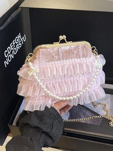 Sac à main qipao rose de style chinois avec volants en dentelle et poignée en perles