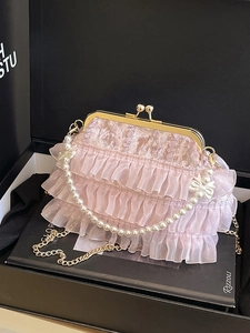 Sac à main élégant rose plissé pour qipao avec anse perle et fermoir doré vintage chic