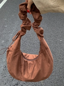 Women's Large Capacity Shoulder Bag Vintage Cloth Suede Texture Korean Style Hobo Tote Bag With Pleated Strap Drawstring Underarm Crossbody Bag