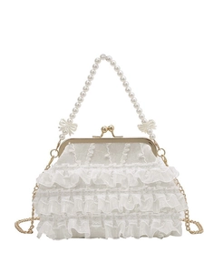 Sac à main élégant en dentelle blanche avec anse perle et chaîne dorée de soirée