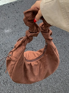 Retro dark brown suede hobo tote bag with ruched handle and a minimalist half-moon shape