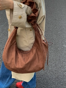 Retro dark brown suede crescent tote bag with pleated strap for women daily wear
