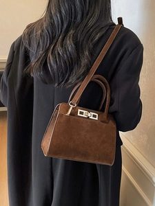 Women Retro Suede Frosted Handbag Minimalist Large Capacity Shoulder Bag With Metal Lock Fashion Commuting Crossbody Bag