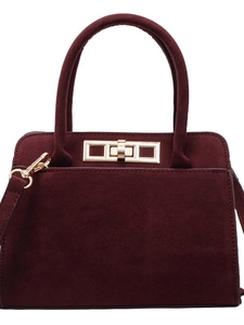 Large burgundy suede tote bag with golden twist lock and top handle for women