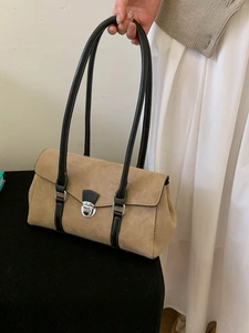 French retro baguette shoulder bag in khaki suede with black leather handles