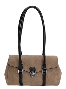 French retro brown suede baguette bag with black leather straps and silver buckle