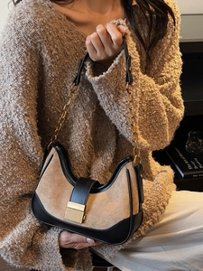 Vintage Women Hobo Underarm Bag Contrast Suede PU Leather Gold Chain Shoulder Bag Retro Casual Small Square Bag Fashion