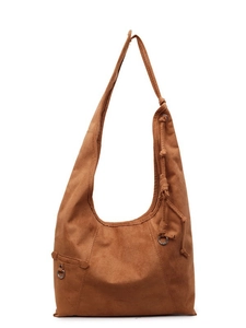 Brown suede tote bag with shoulder strap knot detail and large capacity design