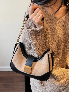 Retro contrast color shoulder bag with gold chain strap and elegant metal lock closure