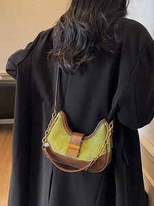 Retro contrast shoulder bag with olive green suede and brown leather details for women