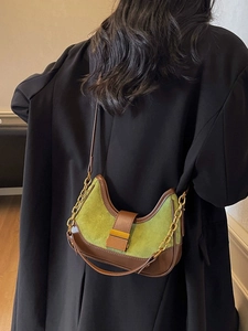 Retro contrast color hobo bag in green suede and brown leather with gold chain strap