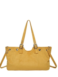 Retro mustard yellow faux suede tote bag with silver hardware and adjustable strap
