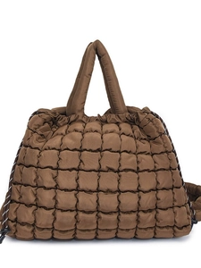 Sac fourre-tout matelassé marron café avec finition brillante et cordon de serrage rayé