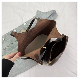Top view of spacious dark brown tote bag set with matching inner zipper pouch