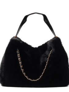 Vintage black faux fur shoulder bag with stylish gold chain and plush texture