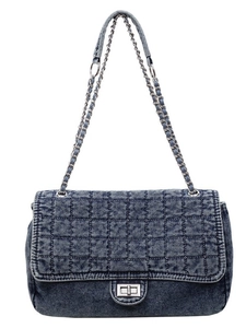 Vintage blue denim quilted crossbody bag with silver chain strap and metal swivel lock