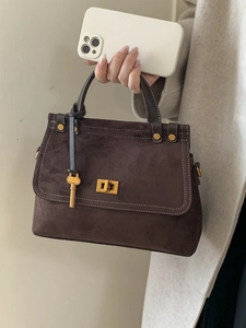 Minimalist PU Leather Small Square Bag For Women Retro Frosted Contrast Stitching Top Handle Shoulder Crossbody Bag With Key Charm Turn Lock
