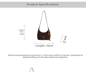 Detailed size specifications for the vintage brown suede half-moon shoulder bag
