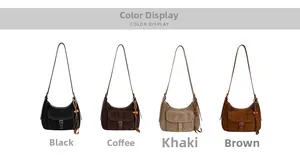 Color display of large tote bags in black, coffee, khaki, and brown with tassels