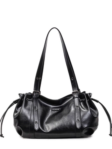 Sac cabas noir en cuir PU avec bandoulières réglables et détails de cordon de serrage de face