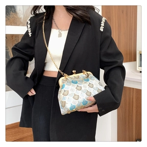Retro jacquard frame bag with shell pattern and gold chain worn by a model