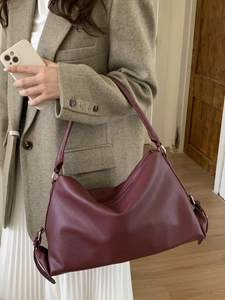 Burgundy oversized hobo shoulder bag in lychee texture faux leather for women