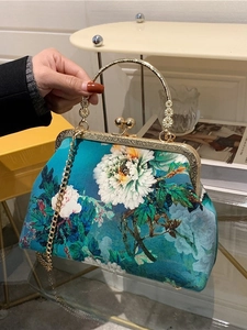 Elegant lake blue vintage cheongsam handbag with peony floral prints and gold metal frame