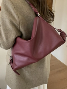 Minimalist burgundy pebbled leather tote bag with silver ring detail and large capacity