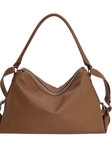 Minimalist brown pebbled leather hobo tote bag with silver zipper for women