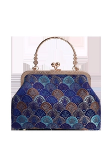 Elegant Chinese vintage jacquard handbag with blue fan embroidery and metal handle