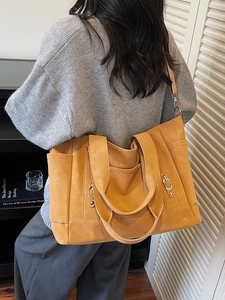 Vintage ginger yellow faux leather tote bag with double handles and adjustable strap