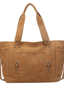 Retro brown canvas tote bag with front pocket and silver metal hardware details