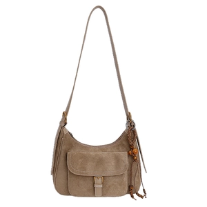 Retro khaki faux suede hobo bag with front buckle pocket and wooden bead tassel