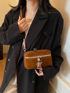 Vintage Matte Suede PU Leather Box Bag For Women Retro Fashion Small Crossbody Shoulder Bag With Robot Pendant Cell Phone Bag