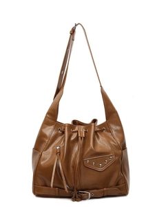 Vintage brown leather bucket bag with tassels and adjustable wide shoulder strap