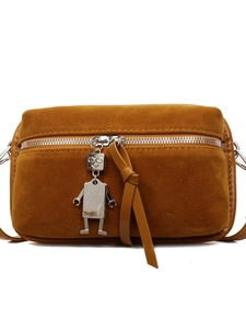 Brown faux suede crossbody box bag with silver robot charm and smooth metal zipper