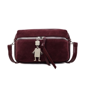 Fashion burgundy suede crossbody box bag with robot pendant and leather tassels