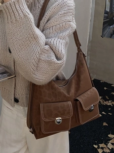 Vintage dark brown leopard embossed underarm tote bag for women with dual front pockets