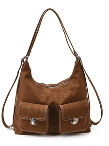 Brown vintage faux leather tote bag with leopard texture and dual front buckle pockets