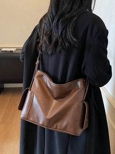 Minimalist large capacity dark brown PU leather shoulder bag with side flap pockets