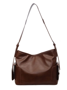 Retro dark brown PU leather tote bag with pleated design and spacious shoulder straps