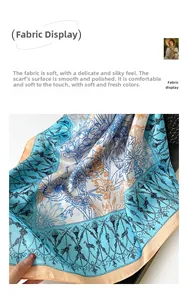 Detail view of the floral and bird pattern on a silky satin square scarf fabric