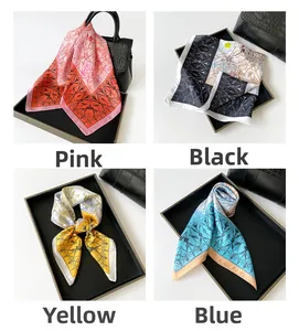 Collage of four floral satin square scarves in pink, black, yellow and blue colors